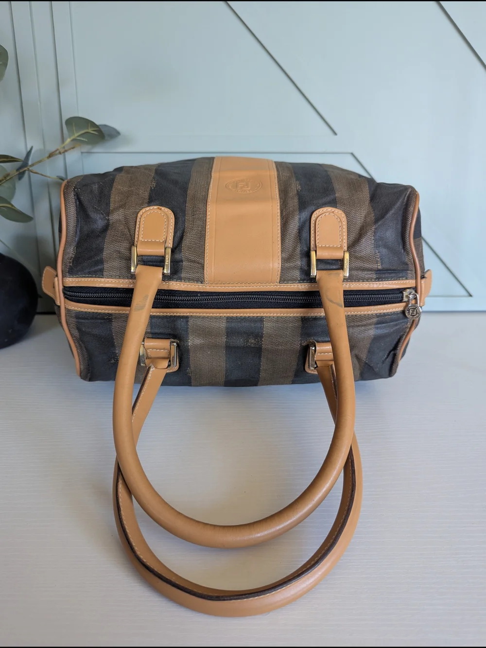 Fendi Brown and Tan Striped Duffel Bag